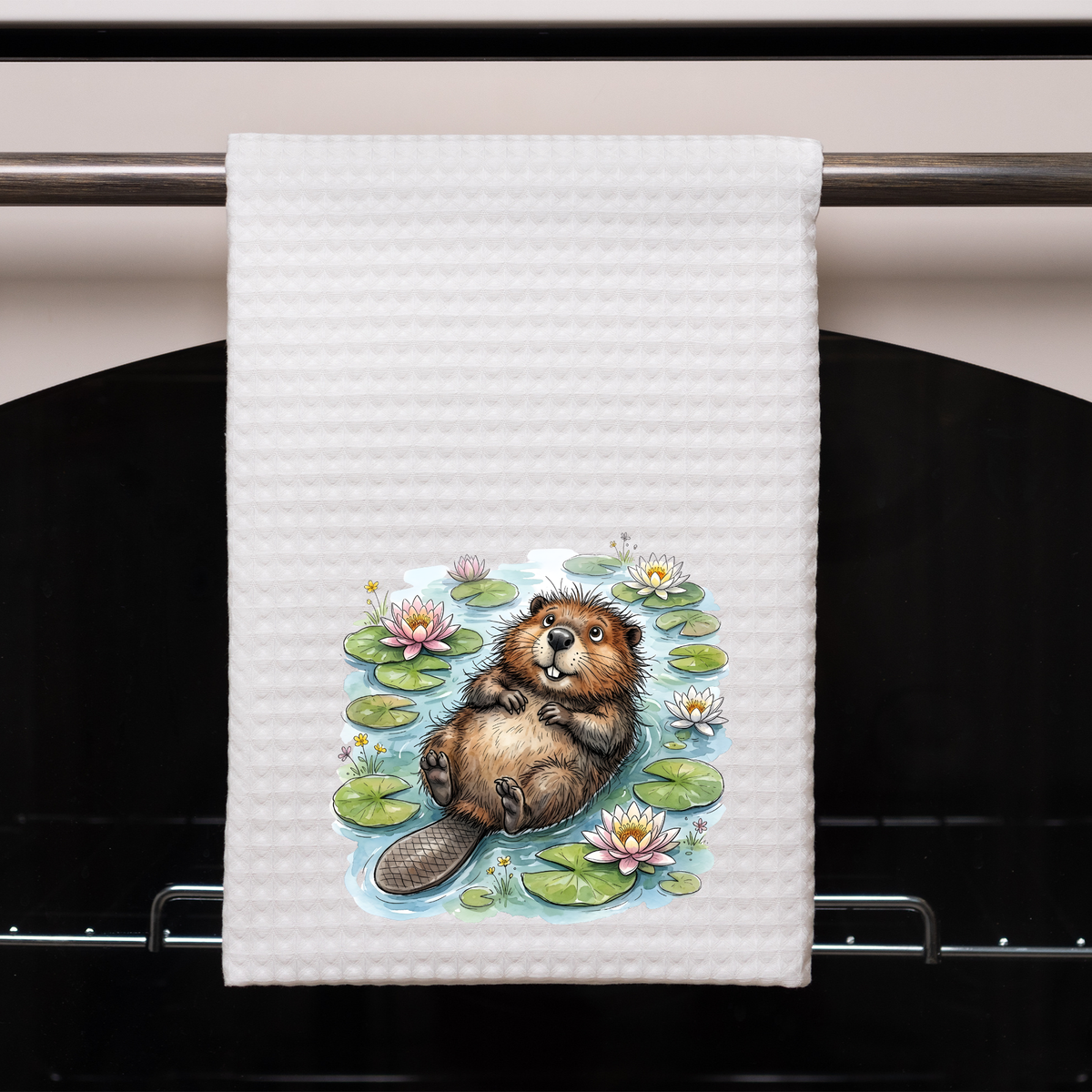 Beaver floating in Waterlillies